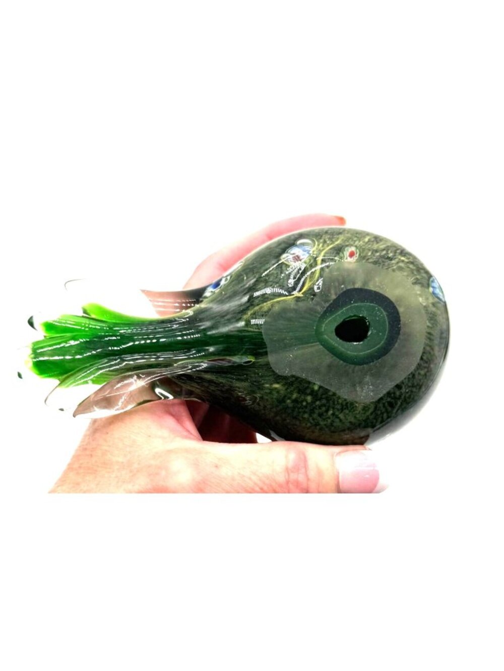 Handblown Green Millefiori Art Glass Bird Figurine Blue Beak Tail  5.5 L X 4" H - Picture 5 of 6